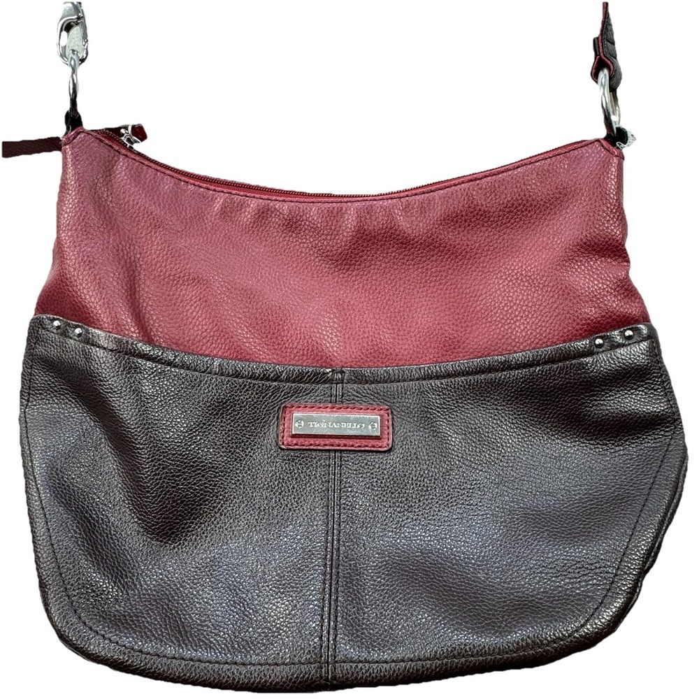 Tignanello Red Black Two Tone Pebbled Leather Hobo Shoulder Bag Zip Top Pockets